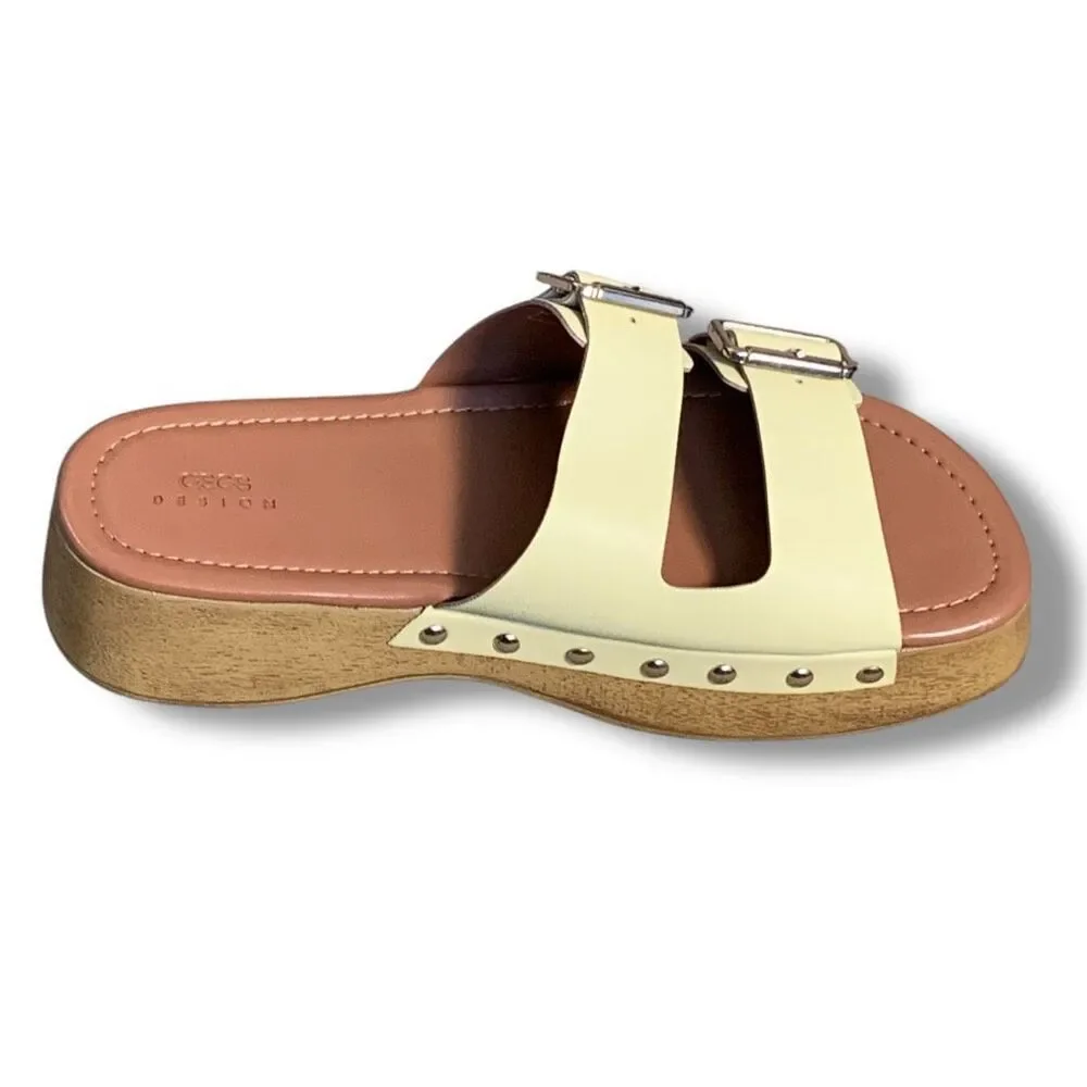 ASOS DESIGN Pale Yellow Flatform Open Toe Clogs Double‎ Buckle Detail Size 7 New